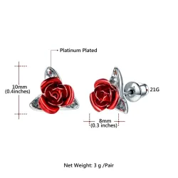 Gold stud earrings with red rose