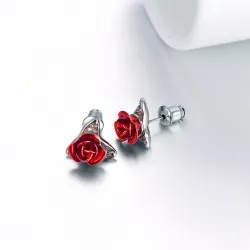 Gold stud earrings with red rose