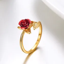 Anello in oro e argento con rosa rossa - regolabile
