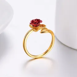 Ouro & prata anel com rosa vermelha - ajustável