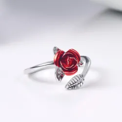 Ouro & prata anel com rosa vermelha - ajustável