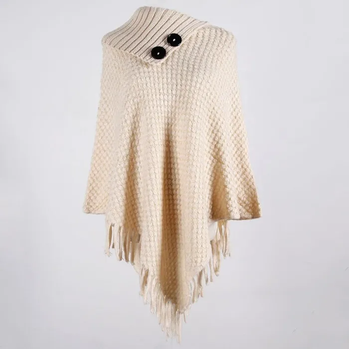 Knitted pullover med tassel - poncho med knappar - Shawl
