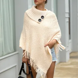 Knitted pullover with tassels - poncho with paintons - Shawl