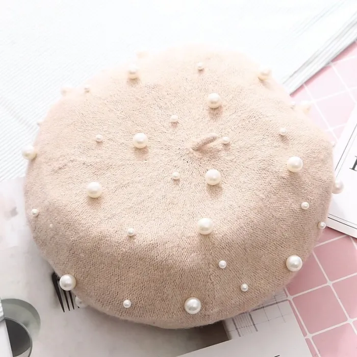 Elegante lã beret com pérolas - chapéu
