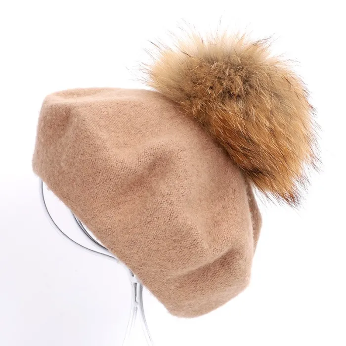 Elegante beret com pele pom-pom