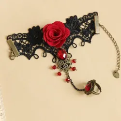Pulserapulsera de encaje estilo gótico con rosa roja & anillo ajustable