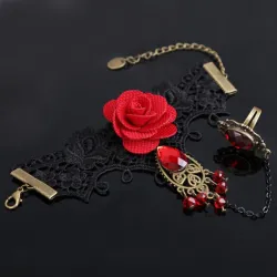 Gothic style lace bracelet with red rose & adjustable ring