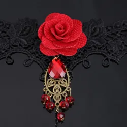 Gothic style lace bracelet with red rose & adjustable ring