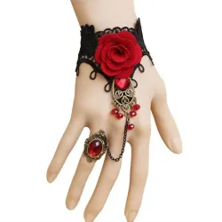 Bracciale in pizzo stile gotico con rosa rossa e anello regolabile