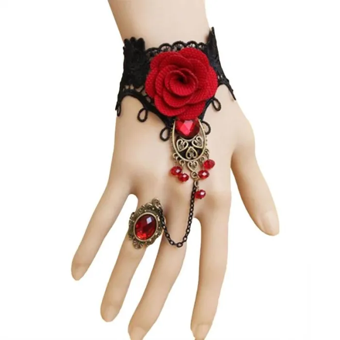 Bracciale in pizzo stile gotico con rosa rossa e anello regolabile