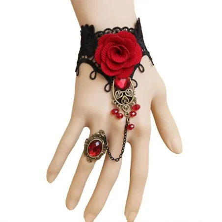 Pulseira de renda estilo gótico com rosa vermelha & anel ajustável