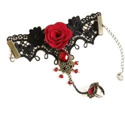 Pulserapulsera de encaje estilo gótico con rosa roja & anillo ajustable