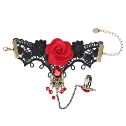 Gothic style lace bracelet with red rose & adjustable ring