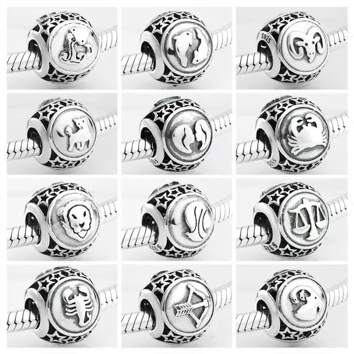 925 prata esterlina - 12 constelação zodiac - contas de pulseira