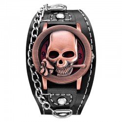 Relógio de quartzo com crânio - pulseira de couro - unisex