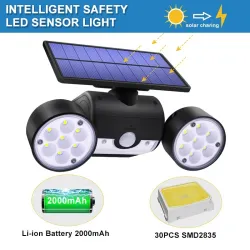 30 LED - dubbel huvud sol lampa - spotlight - PIR rörelse sensor - justerbar vinkel ljus - vattentät