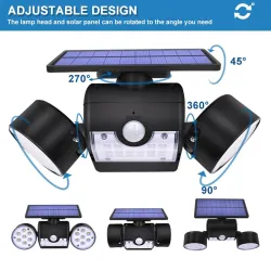Iluminación solar30 LED - lámpara solar de doble cabeza - reflector - sensor de movimiento PIR - luz de ángulo ajustable - im...