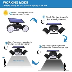 Iluminación solar30 LED - lámpara solar de doble cabeza - reflector - sensor de movimiento PIR - luz de ángulo ajustable - im...