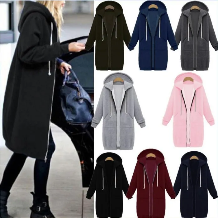 Veste surdimensionnée décontractée - long sweat à capuche avec fermeture éclair - plus taille