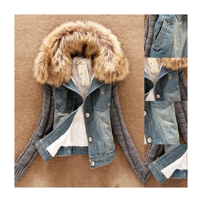 Muodikas denim & pakene lyhyt takki irrotettava turkis kaulakoru