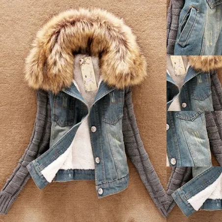 Muodikas denim & pakene lyhyt takki irrotettava turkis kaulakoru