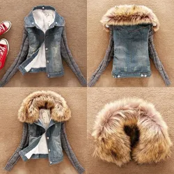 Muodikas denim & pakene lyhyt takki irrotettava turkis kaulakoru
