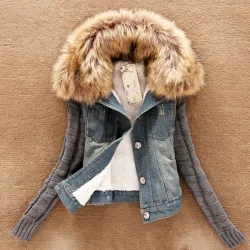 Fashionable denim & fleece short jacka med löstagbar päls krage
