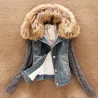 Muodikas denim & pakene lyhyt takki irrotettava turkis kaulakoru