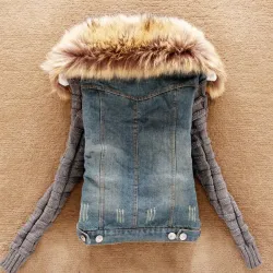 Fashionable denim & fleece short jacket with detachable fur collarJackets