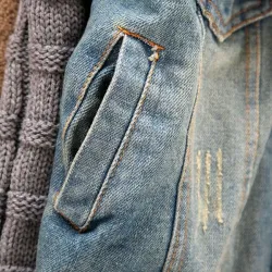 Fashionable denim & fleece short jacket with detachable fur collarJackets