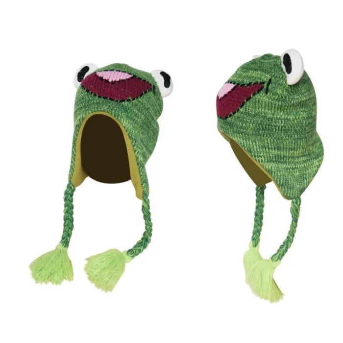 Lite groda - barns varma hatt med öronflaps & tassels